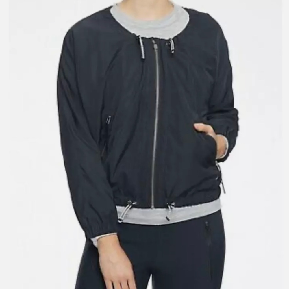 Athleta Black Bomber Jacket with Gray Trim